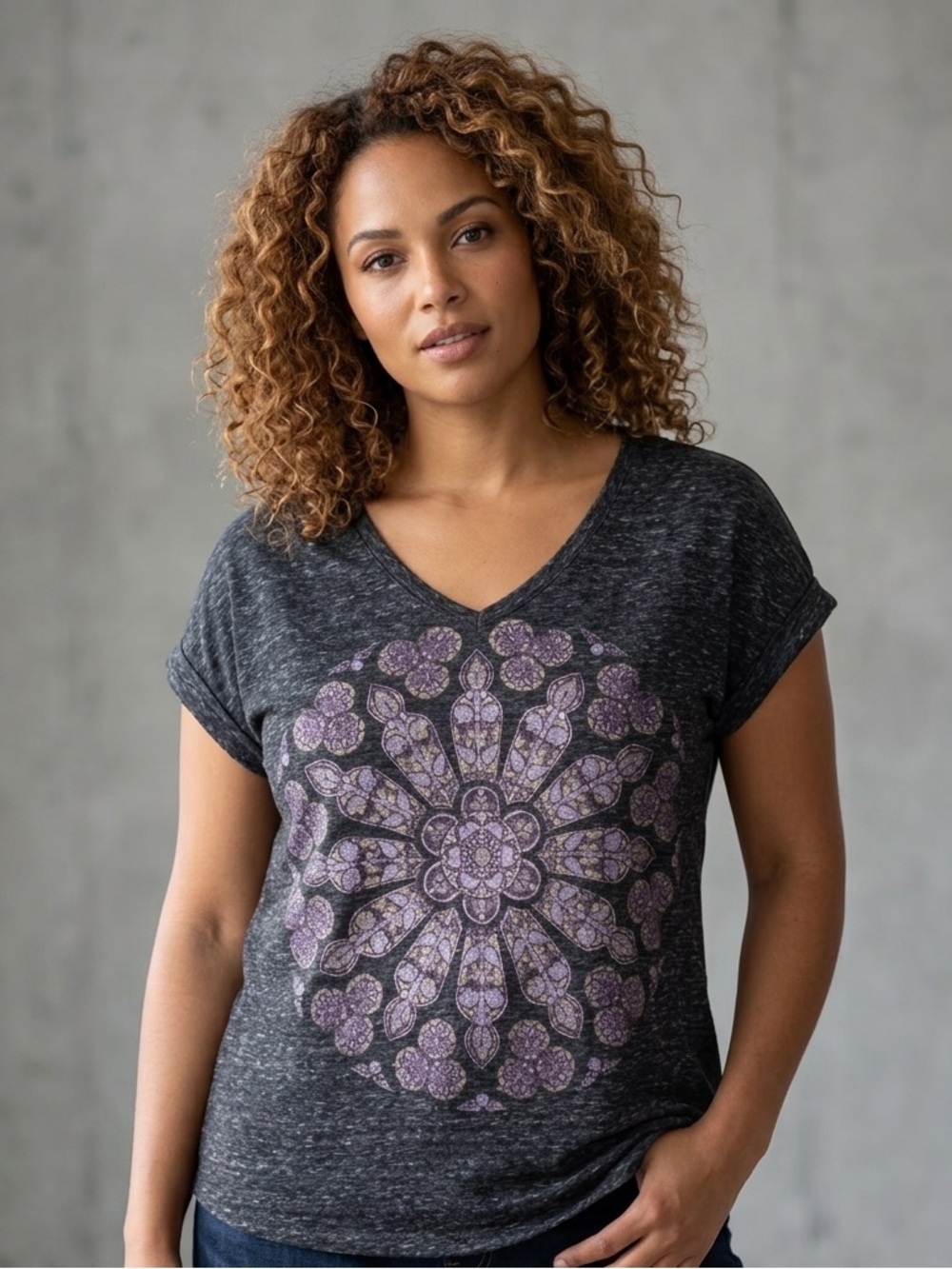 Style & Co Women’s Charcoal Gray Short Sleeve Tee with Purple Medallion M